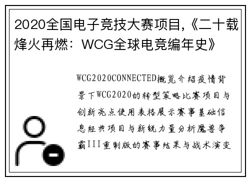 2020全国电子竞技大赛项目,《二十载烽火再燃：WCG全球电竞编年史》